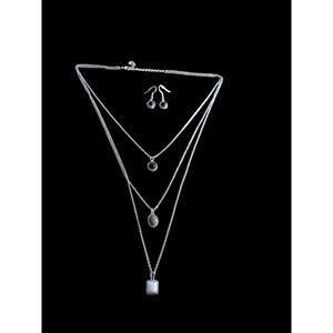 Faux silver stacked geometric stone necklace with matching earrings